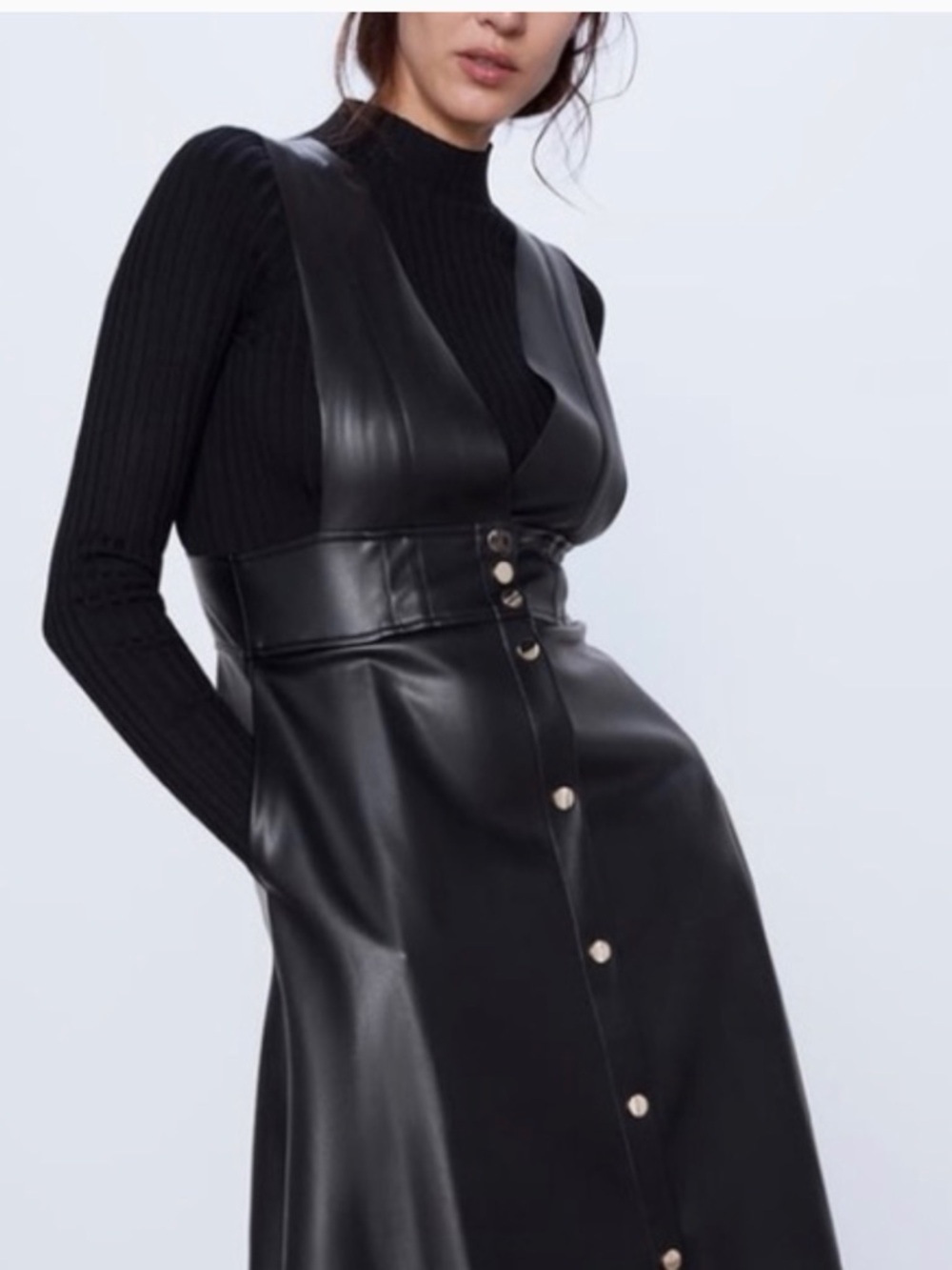 ZARA Black Faux-Leather Pinafore Dress
